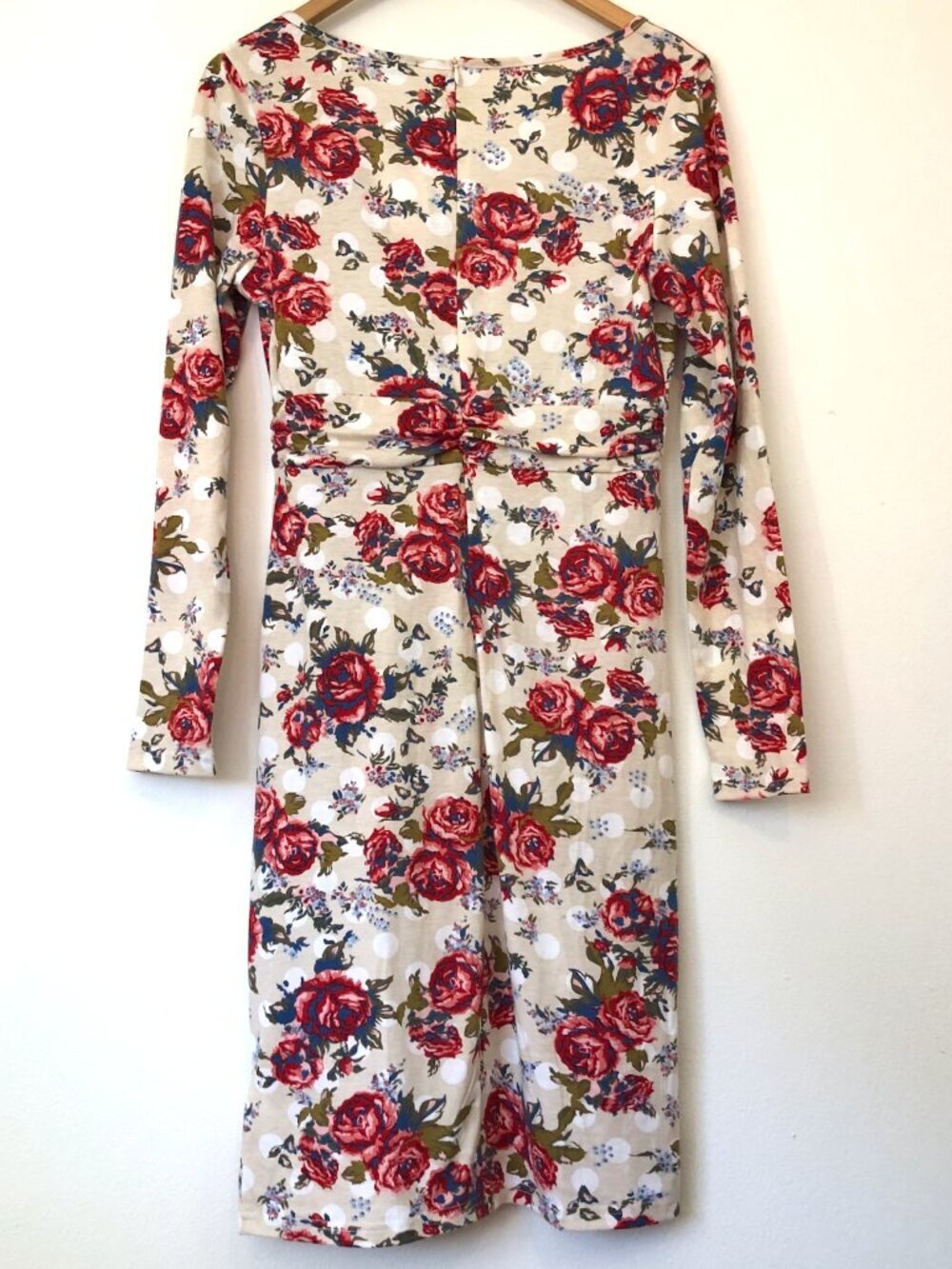 NEW NWT MEAVEOR Beige White Red Blue Floral Polka Dot Faux Wrap Dress Medium M - Picture 9 of 10